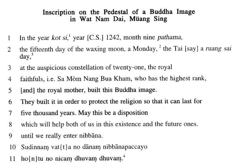 the Buddha of Ban Nam Dai, original inscription on the pedestal 
	translated in English